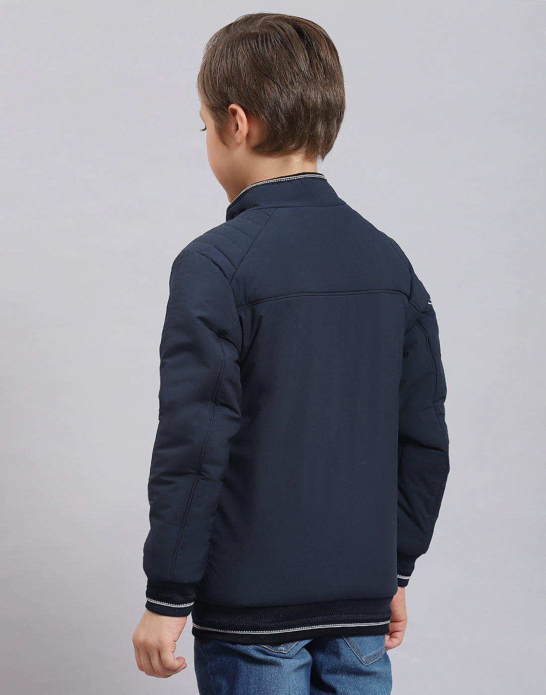 Boys Navy Blue Solid Stand Collar Full Sleeve Boys Jacket