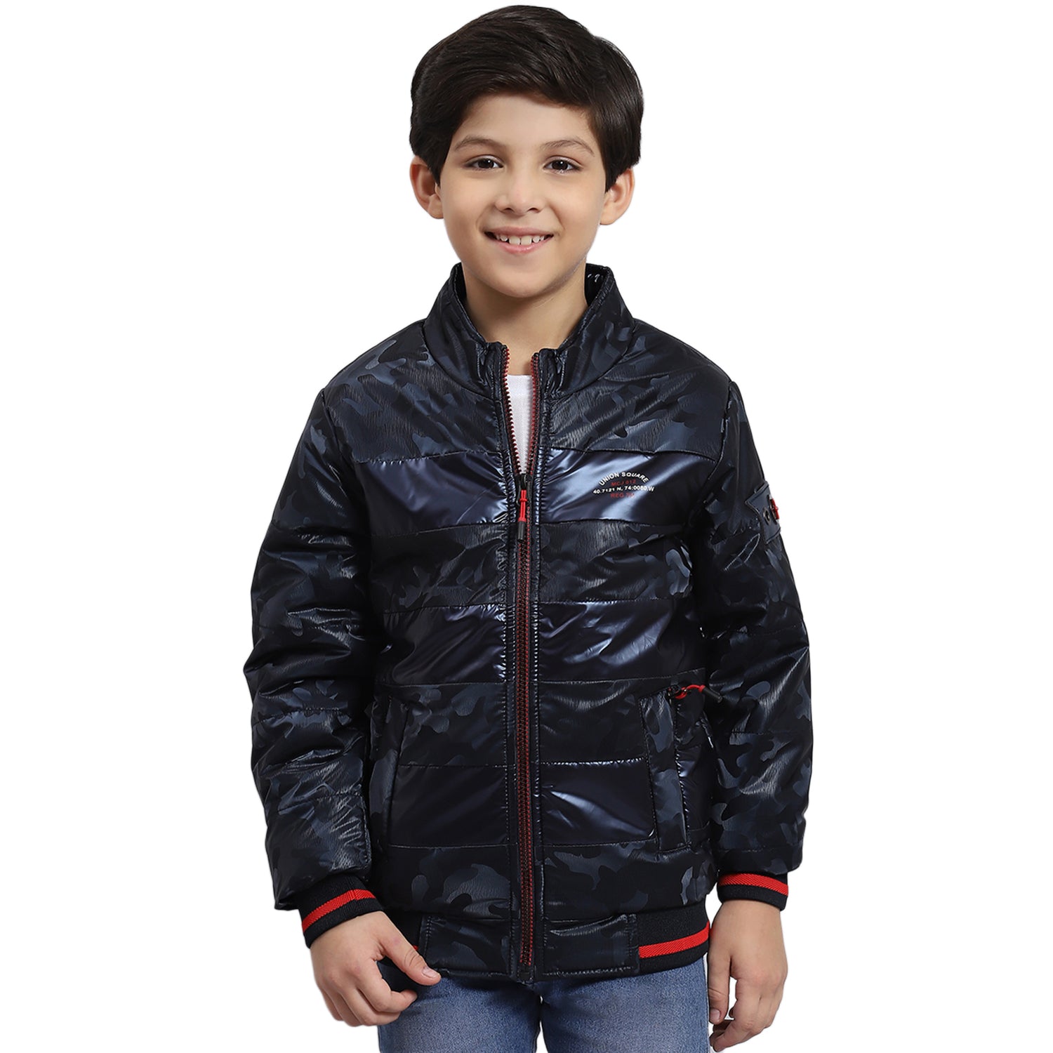 Boys Navy Blue Printed Stand Collar Full Sleeve Boys Jacket