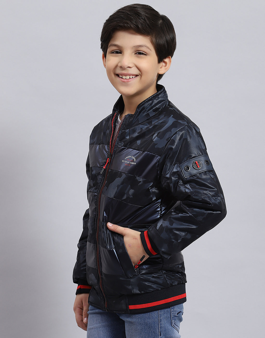 Boys Navy Blue Printed Stand Collar Full Sleeve Boys Jacket