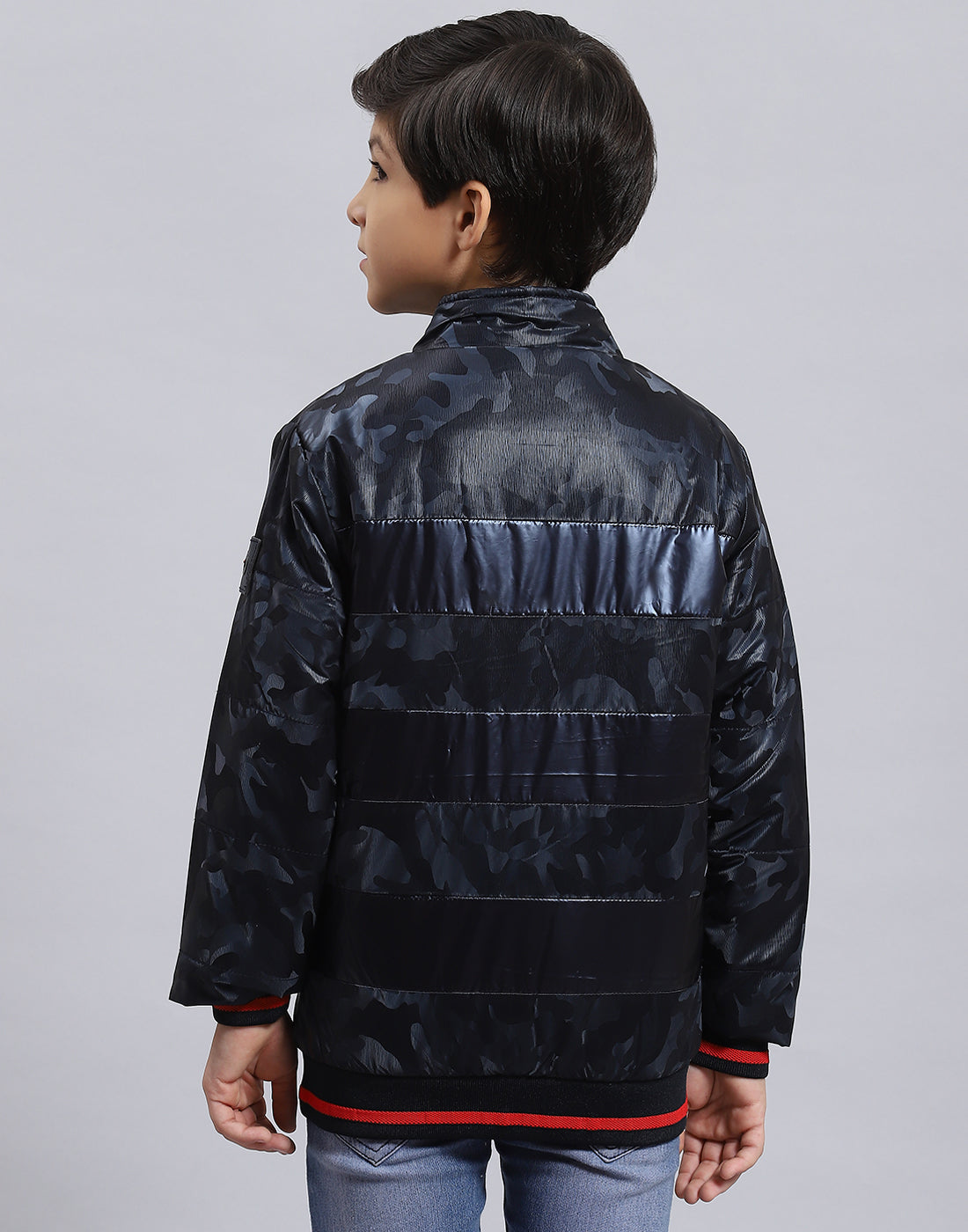 Boys Navy Blue Printed Stand Collar Full Sleeve Boys Jacket