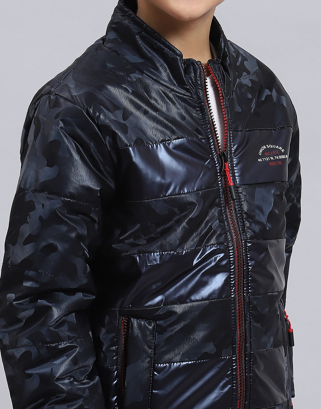 Boys Navy Blue Printed Stand Collar Full Sleeve Boys Jacket