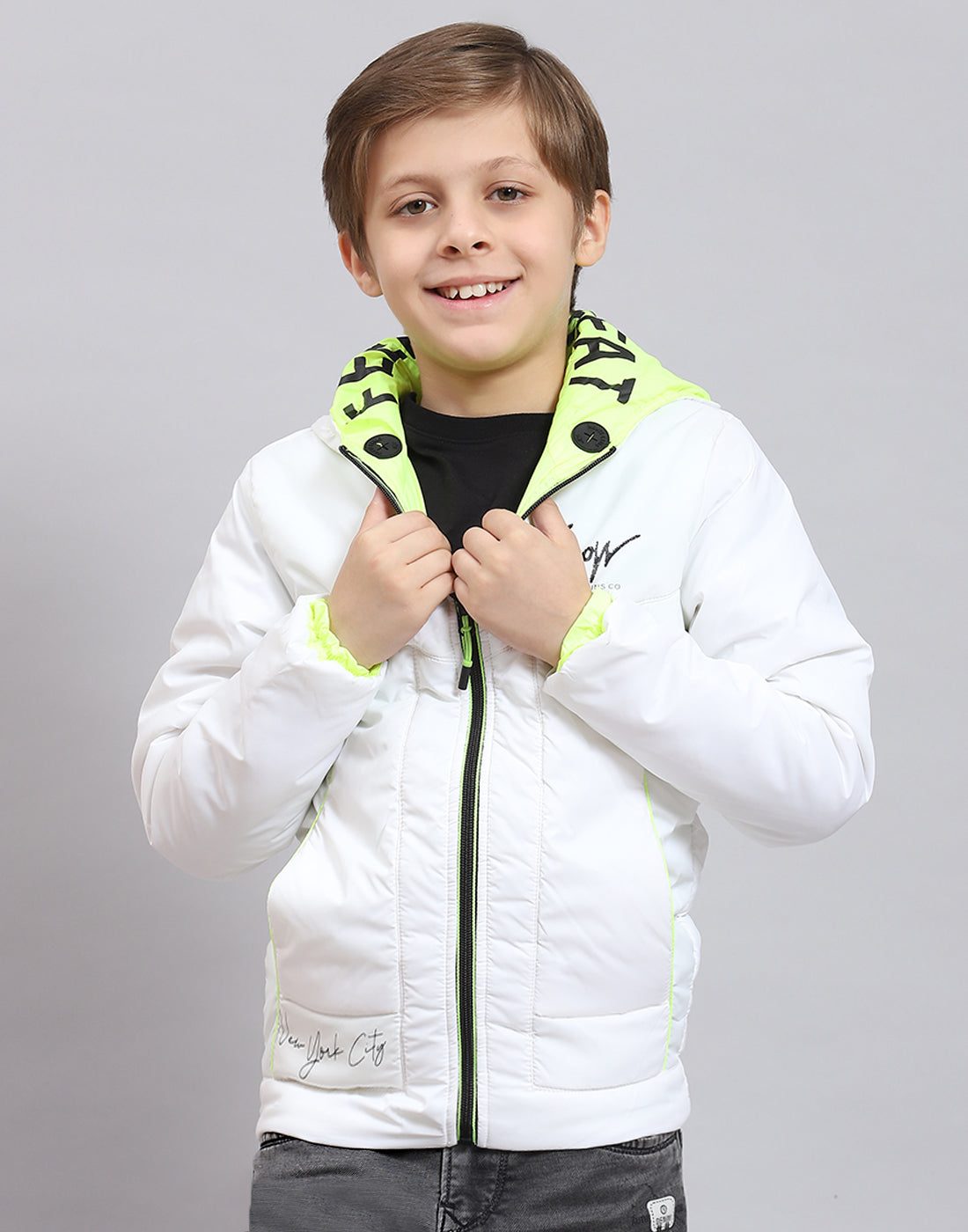 Boys White Solid Hooded Full Sleeve Boys Jacket