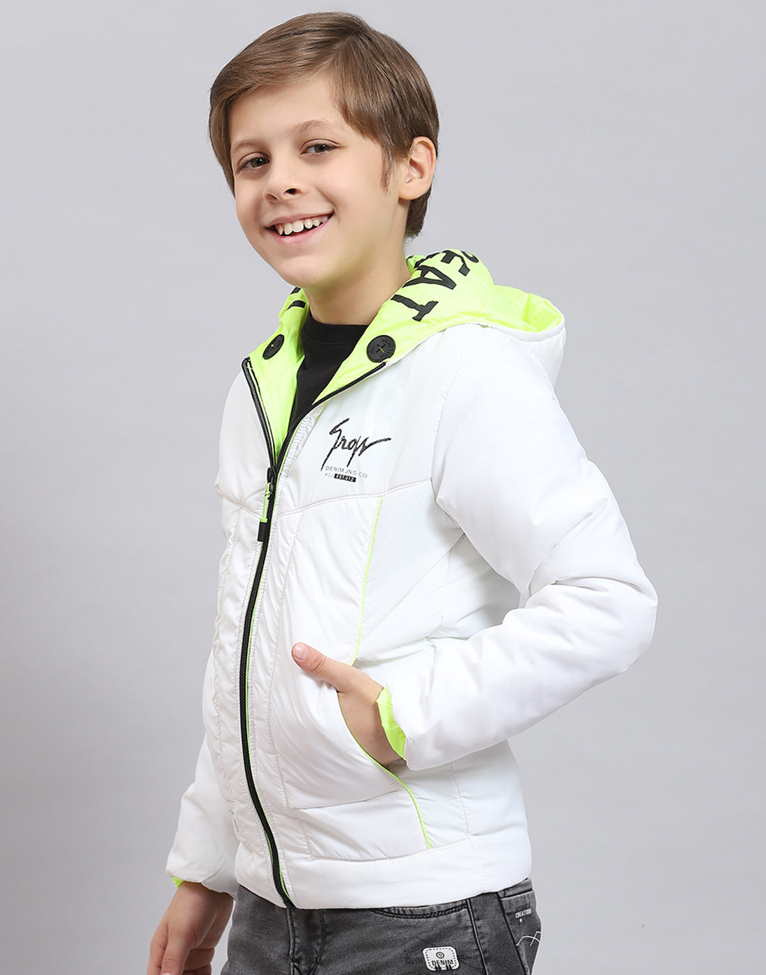 Boys White Solid Hooded Full Sleeve Boys Jacket