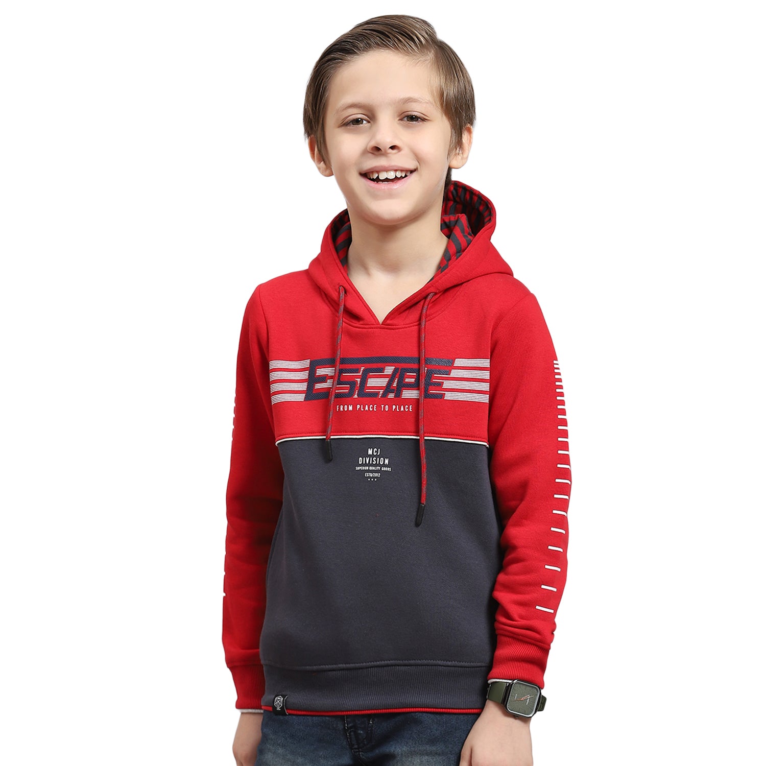 Boys Red Printed Hooded Full Sleeve Sweatshirt