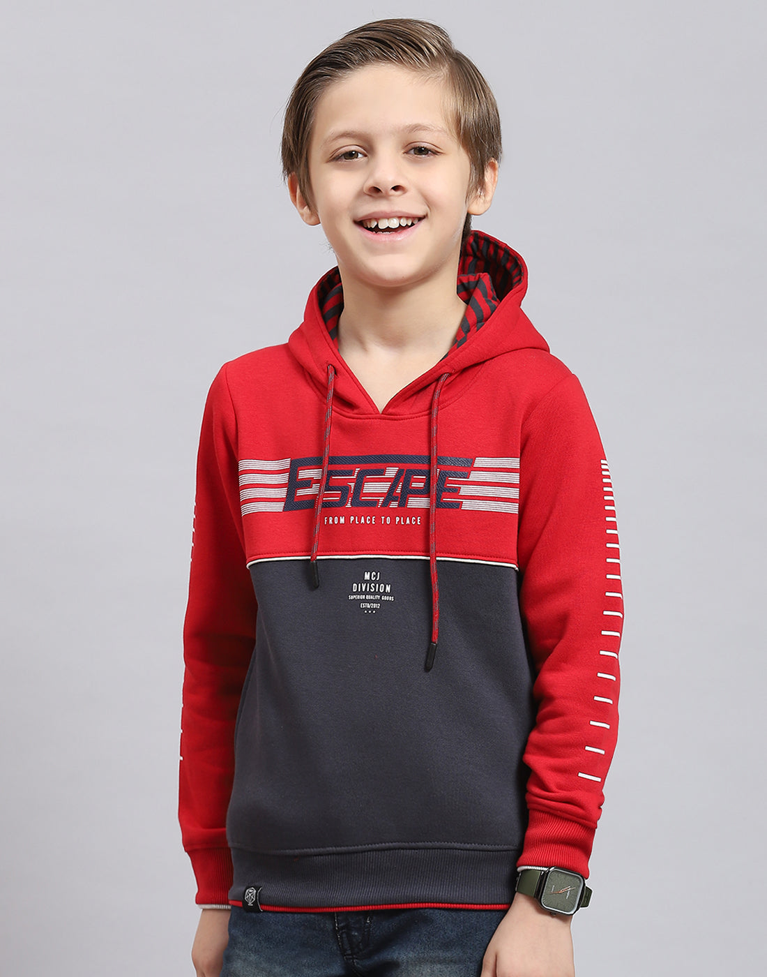 Boys Red Printed Hooded Full Sleeve Sweatshirt
