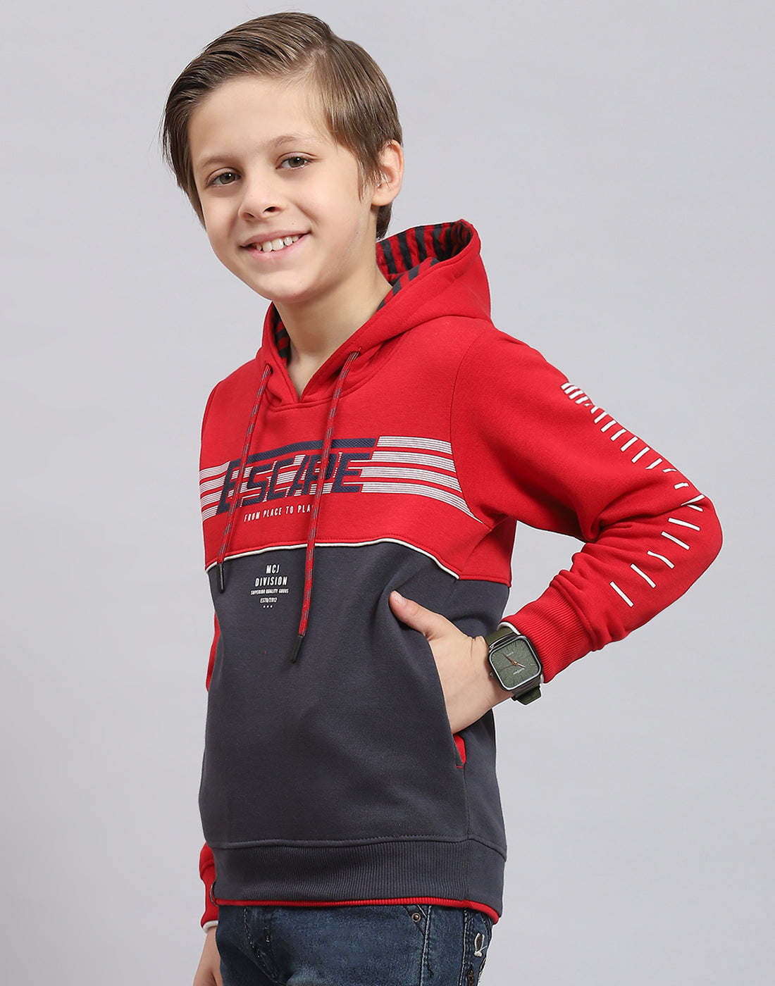 Boys Red Printed Hooded Full Sleeve Sweatshirt