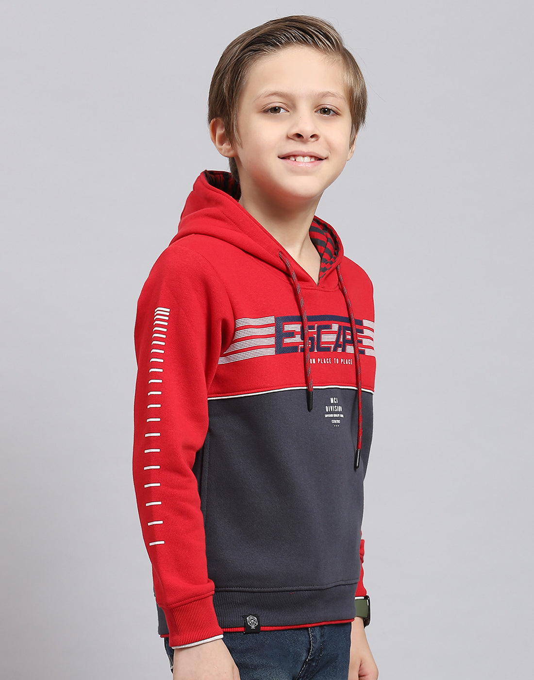 Boys Red Printed Hooded Full Sleeve Sweatshirt