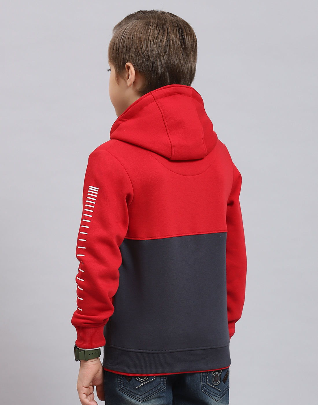 Boys Red Printed Hooded Full Sleeve Sweatshirt