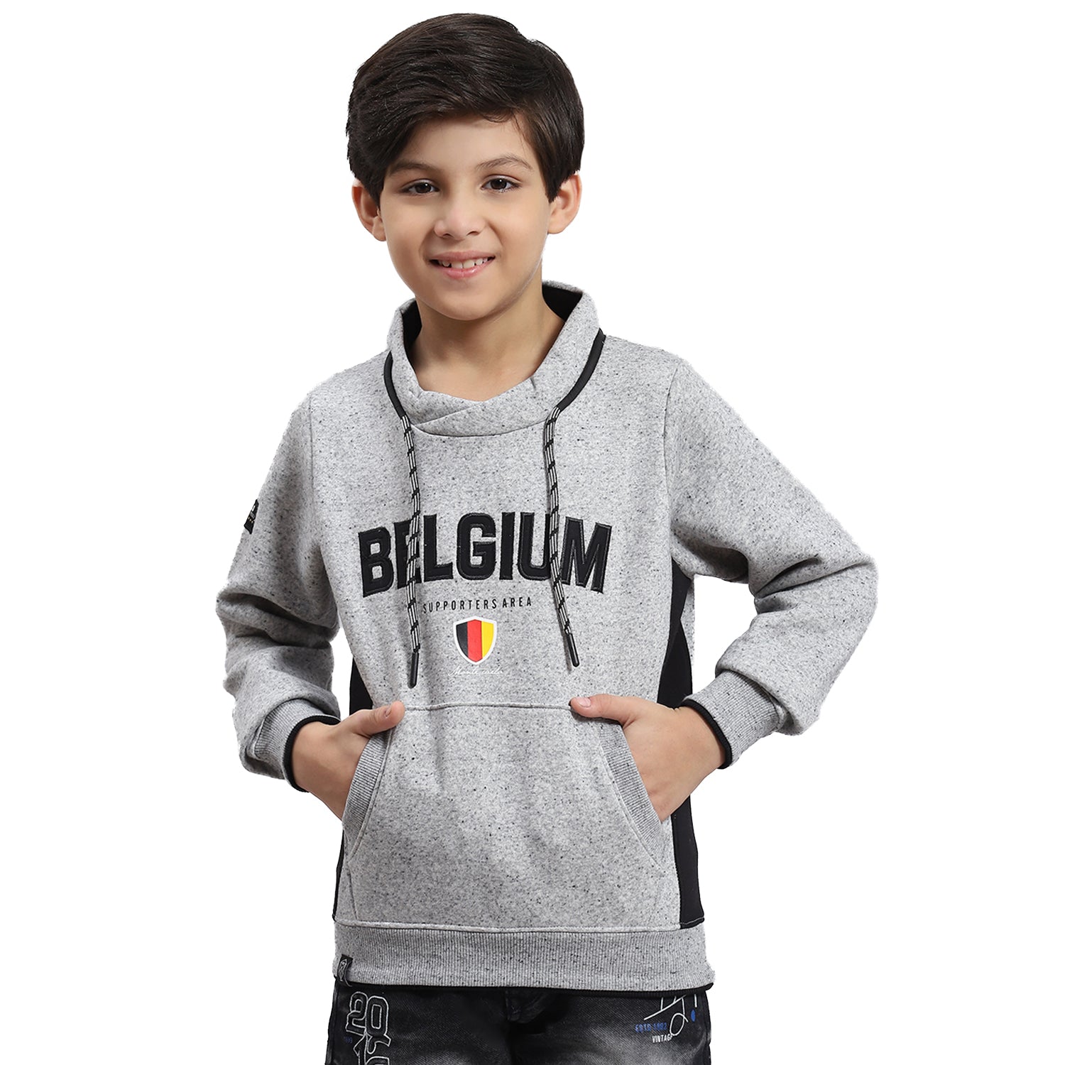 Boys Grey Melange Solid F Neck Full Sleeve Sweatshirt