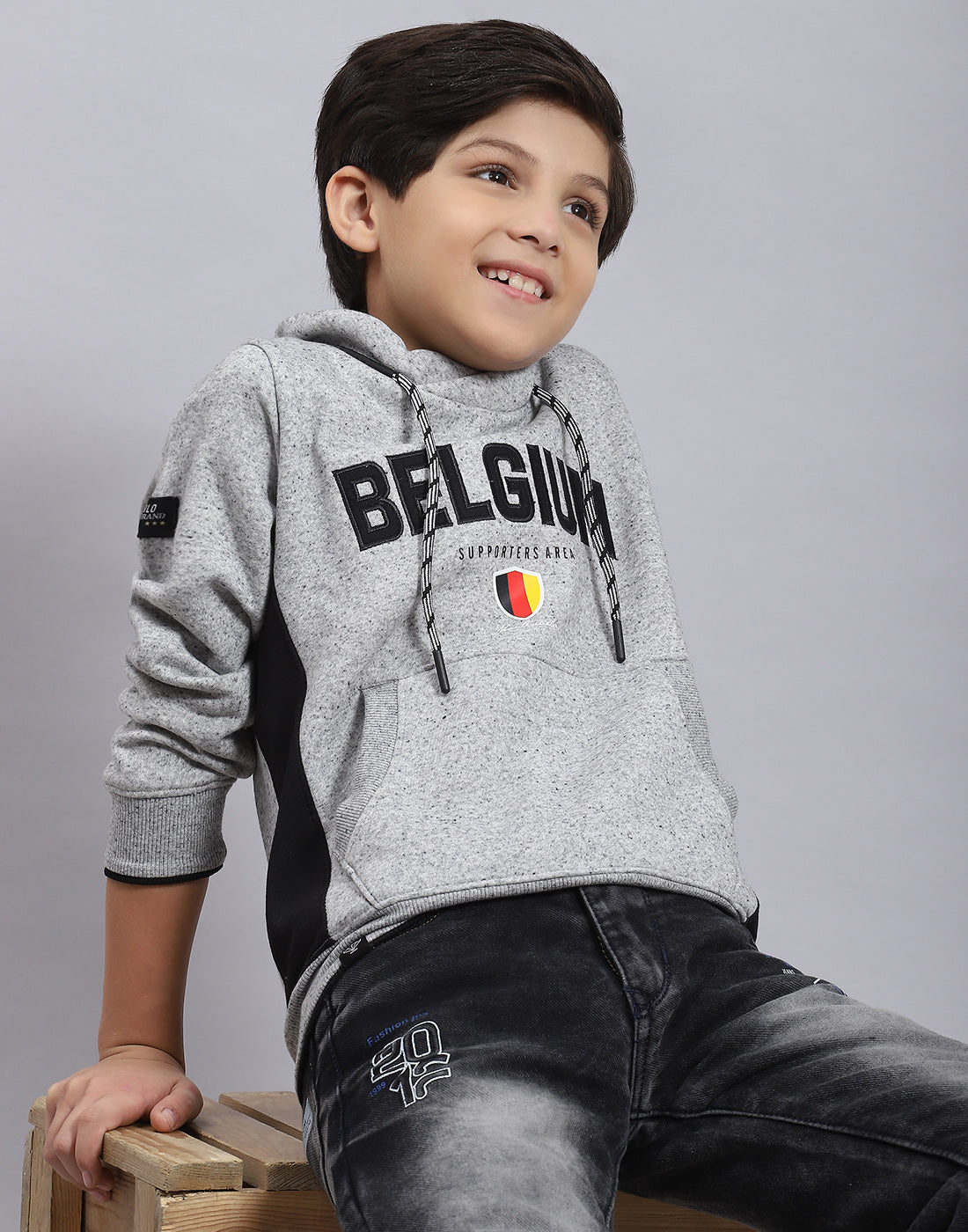 Boys Grey Melange Solid F Neck Full Sleeve Sweatshirt