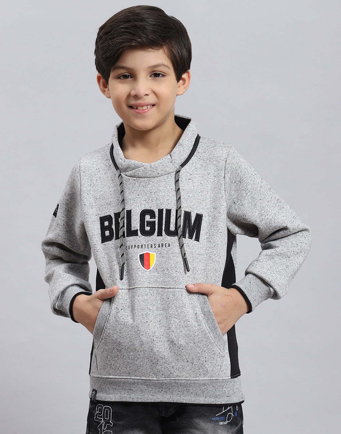 Boys Grey Melange Solid F Neck Full Sleeve Sweatshirt