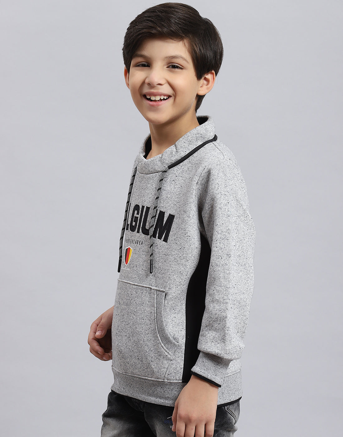 Boys Grey Melange Solid F Neck Full Sleeve Sweatshirt