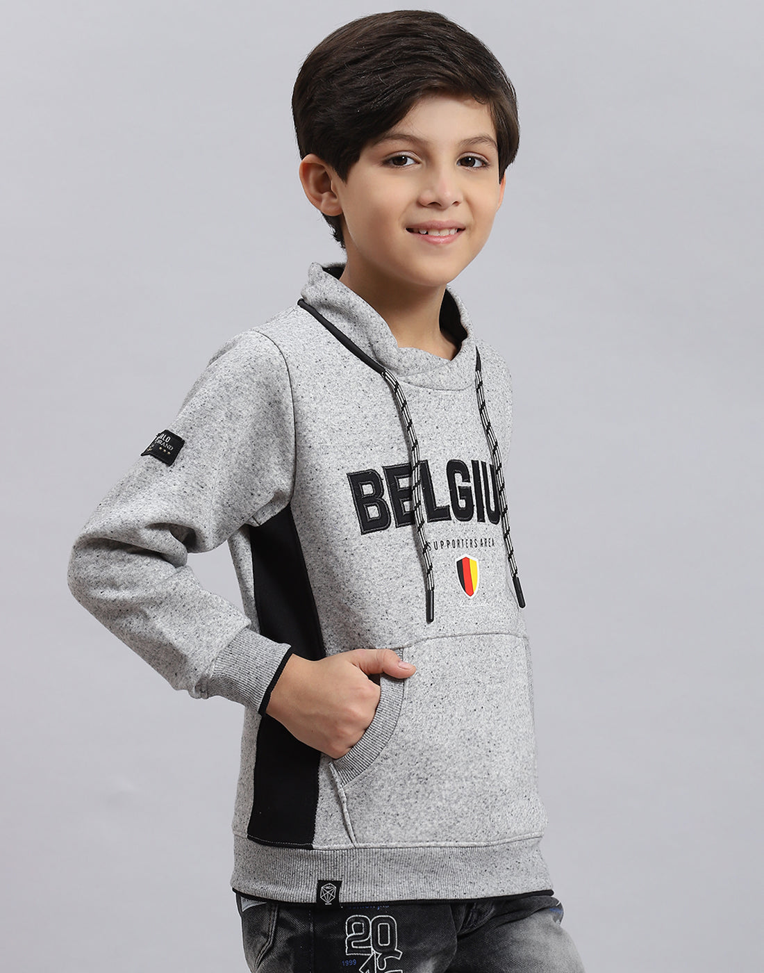 Boys Grey Melange Solid F Neck Full Sleeve Sweatshirt