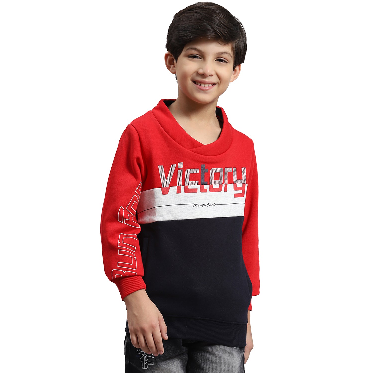 Boys Red Solid F Neck Full Sleeve Sweatshirt