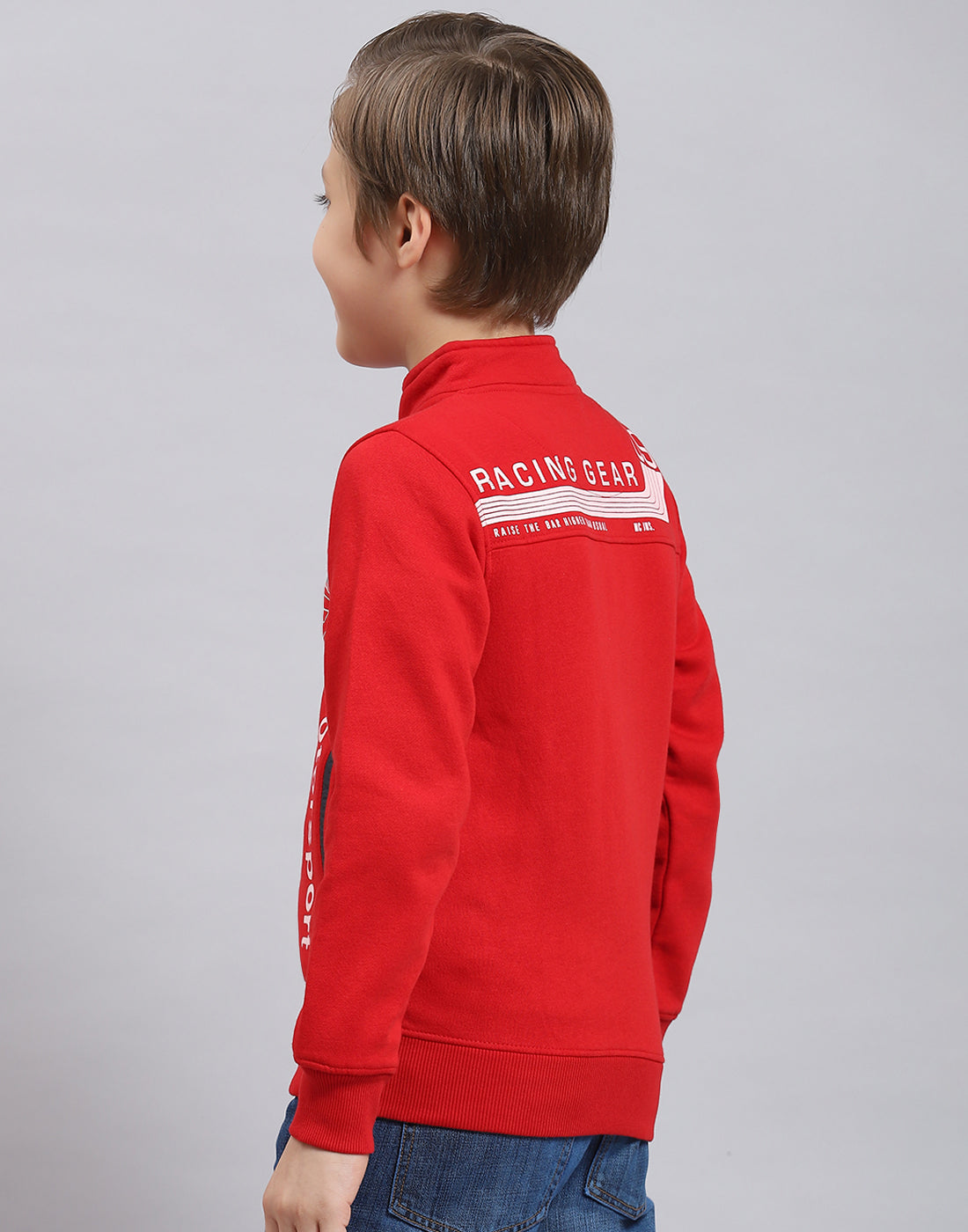 Boys Red Printed Stand Collar Full Sleeve Sweatshirt
