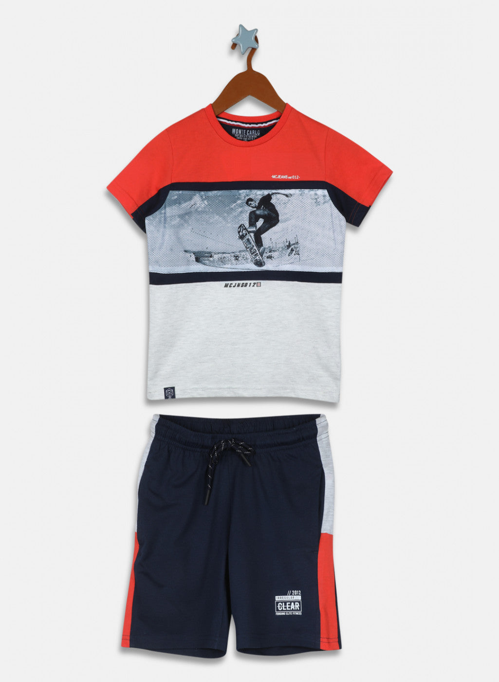 Boys Orange & NAvy Blue Printed Bermuda Set