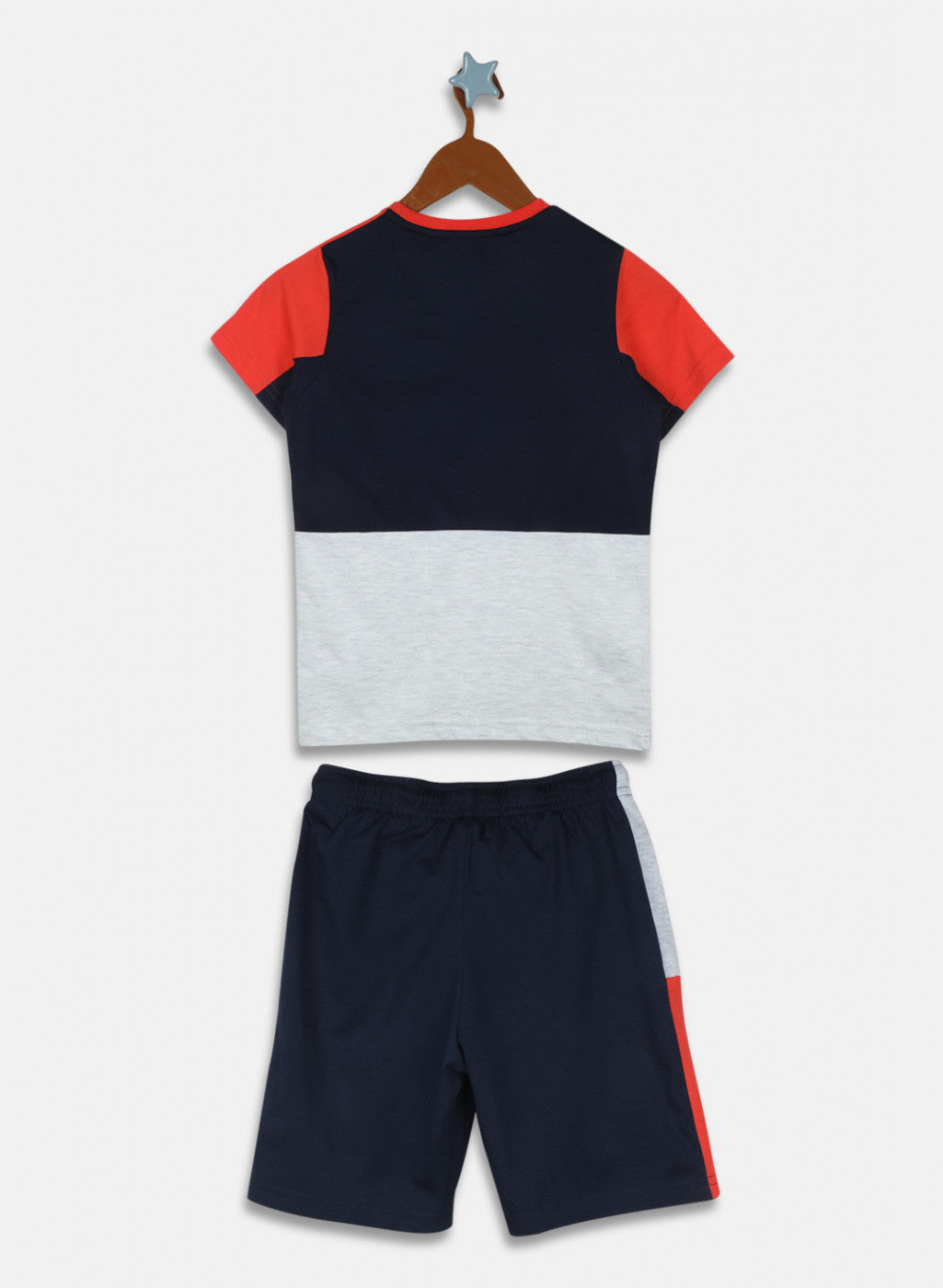 Boys Orange & NAvy Blue Printed Bermuda Set