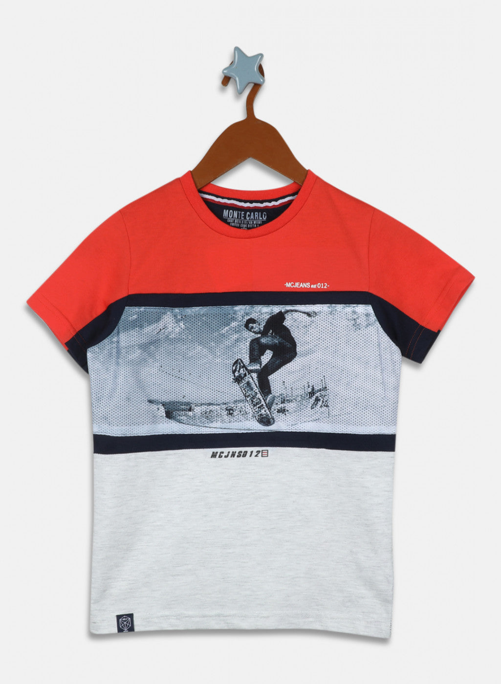 Boys Orange & NAvy Blue Printed Bermuda Set