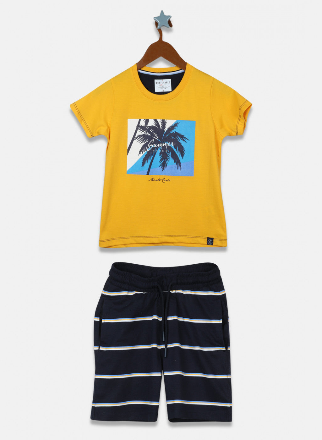 Boys Mustard & Navy Blue Printed Bermuda Set