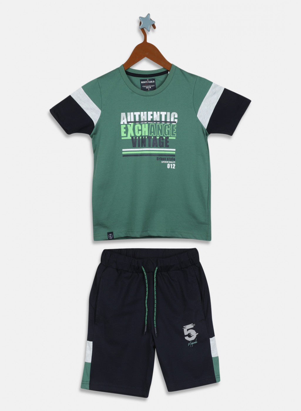 Boys Green & Navy Blue Printed Bermuda Set