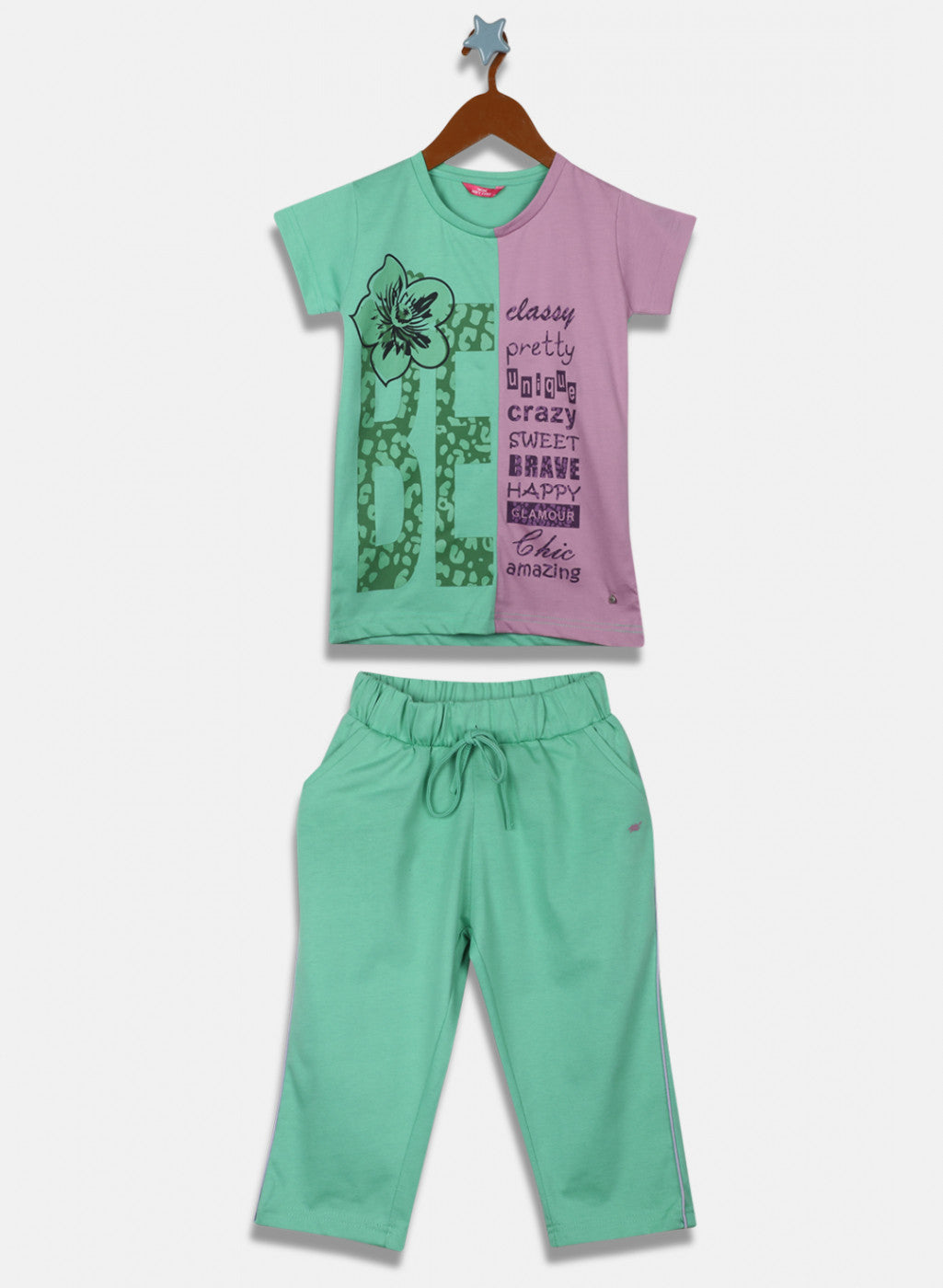 Girls Green & Purple Printed Capri Set
