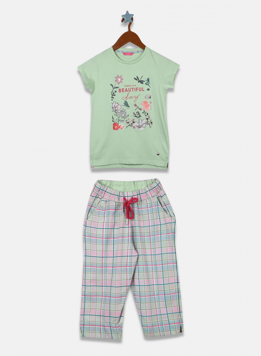 Girls Green Printed Capri Set