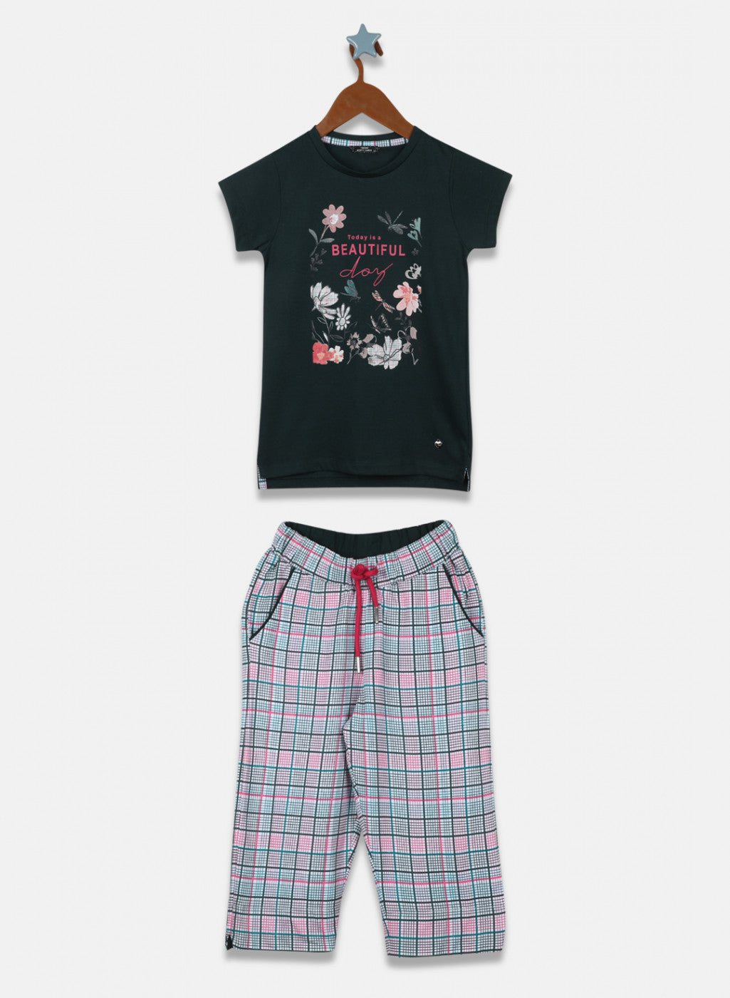 Girls Green Printed Capri Set