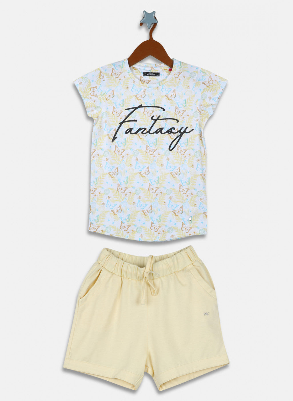 Girls Off White & Yellow Printed Short Set