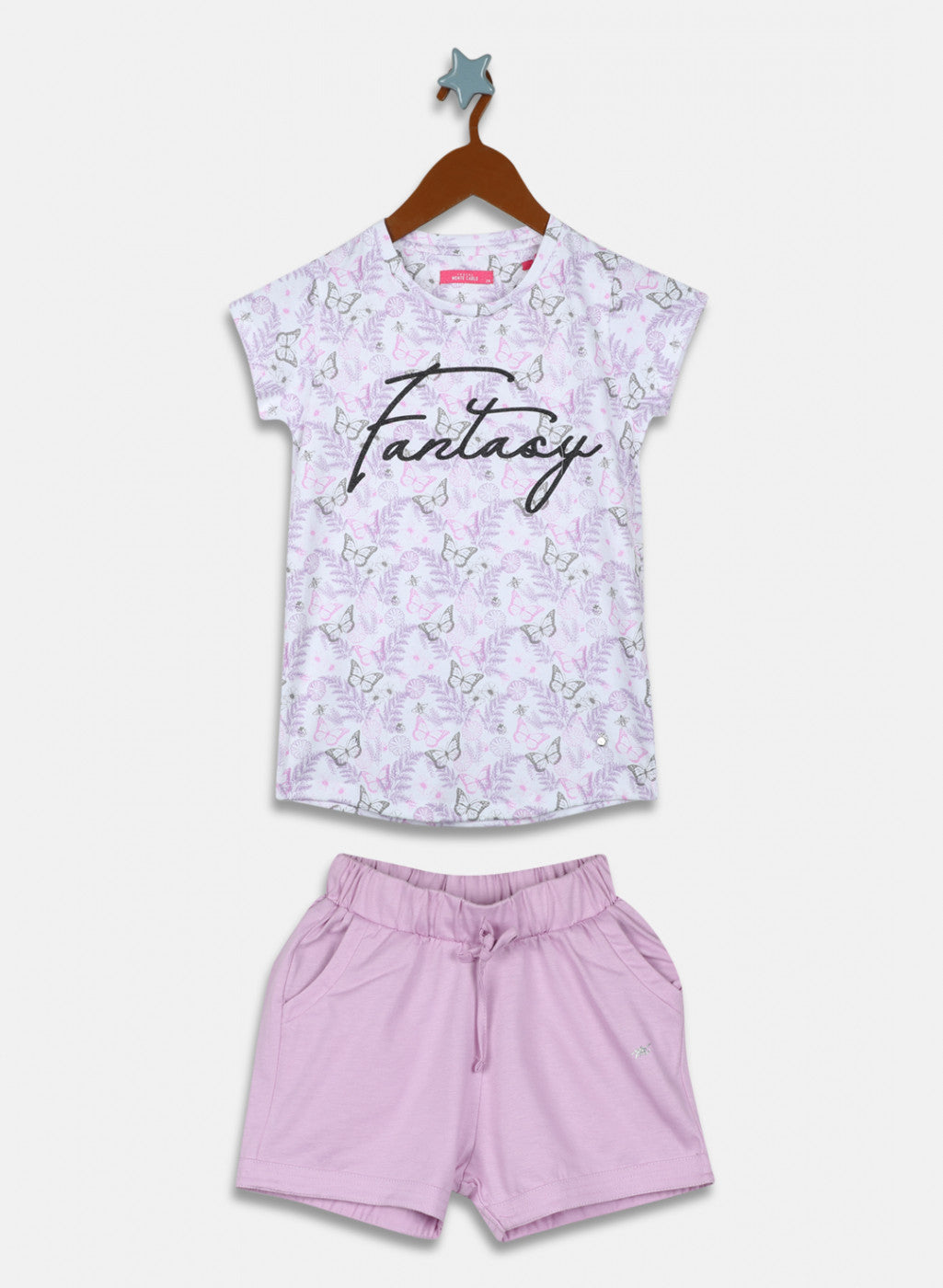 Girls Off White & Purple Printed Short Set