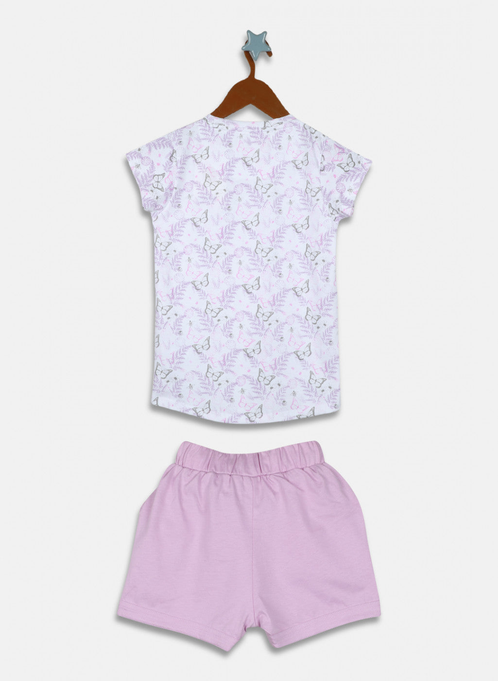Girls Off White & Purple Printed Short Set