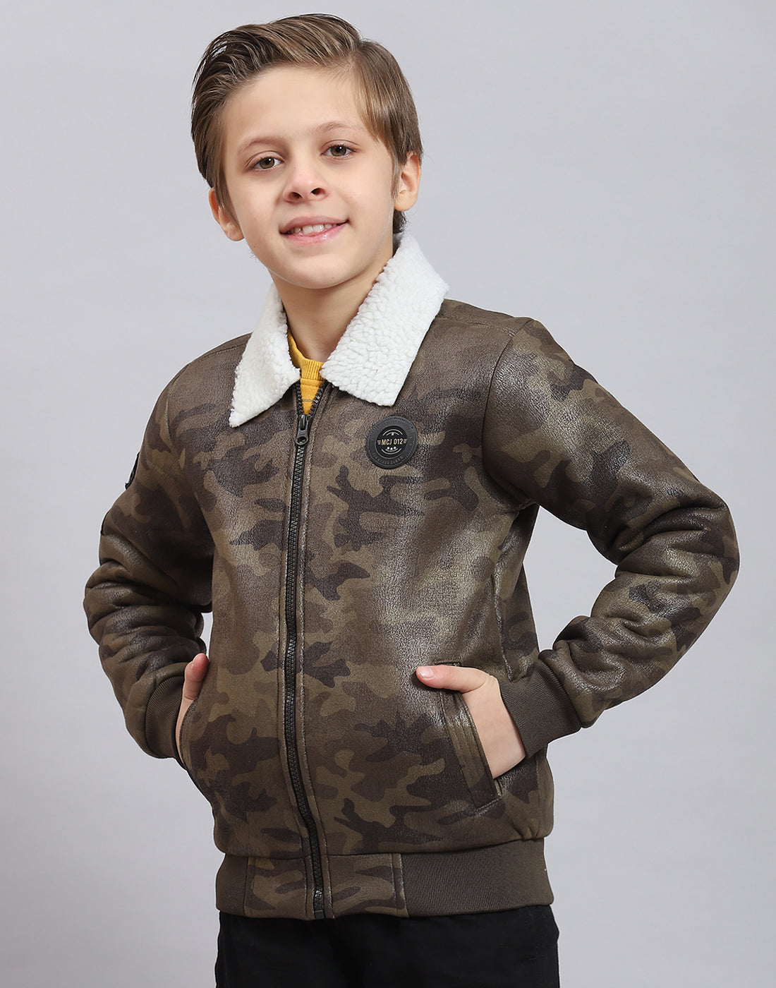 Boys Olive Printed Collar Full Sleeve Boys Jacket
