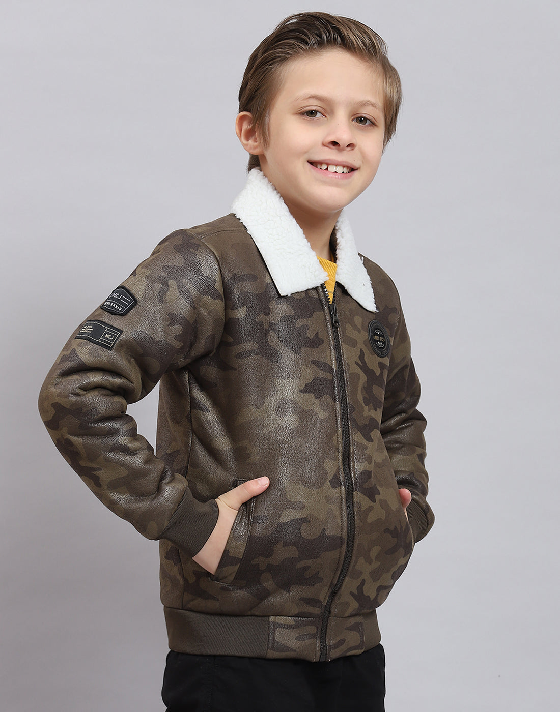 Boys Olive Printed Collar Full Sleeve Boys Jacket
