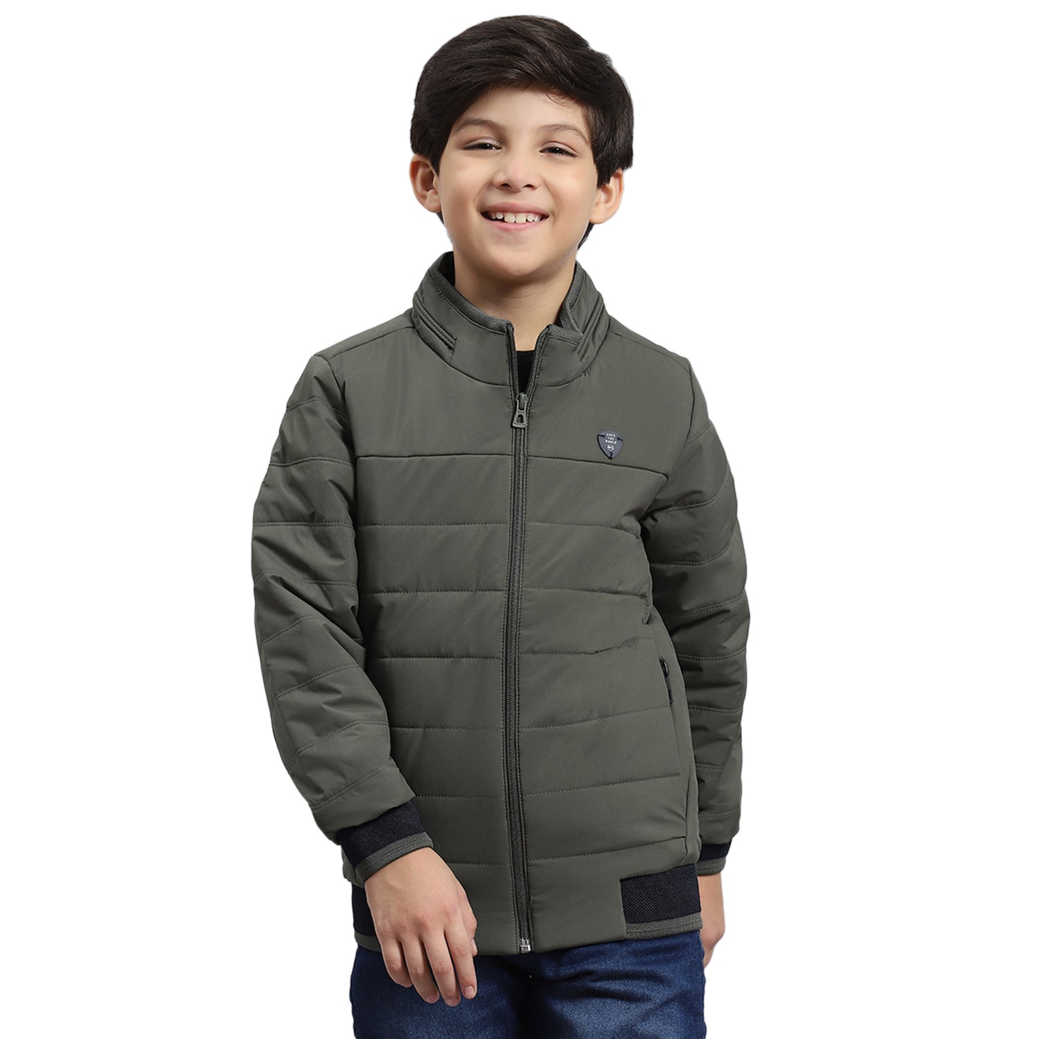 Boys Olive Solid Stand Collar Full Sleeve Boys Jacket