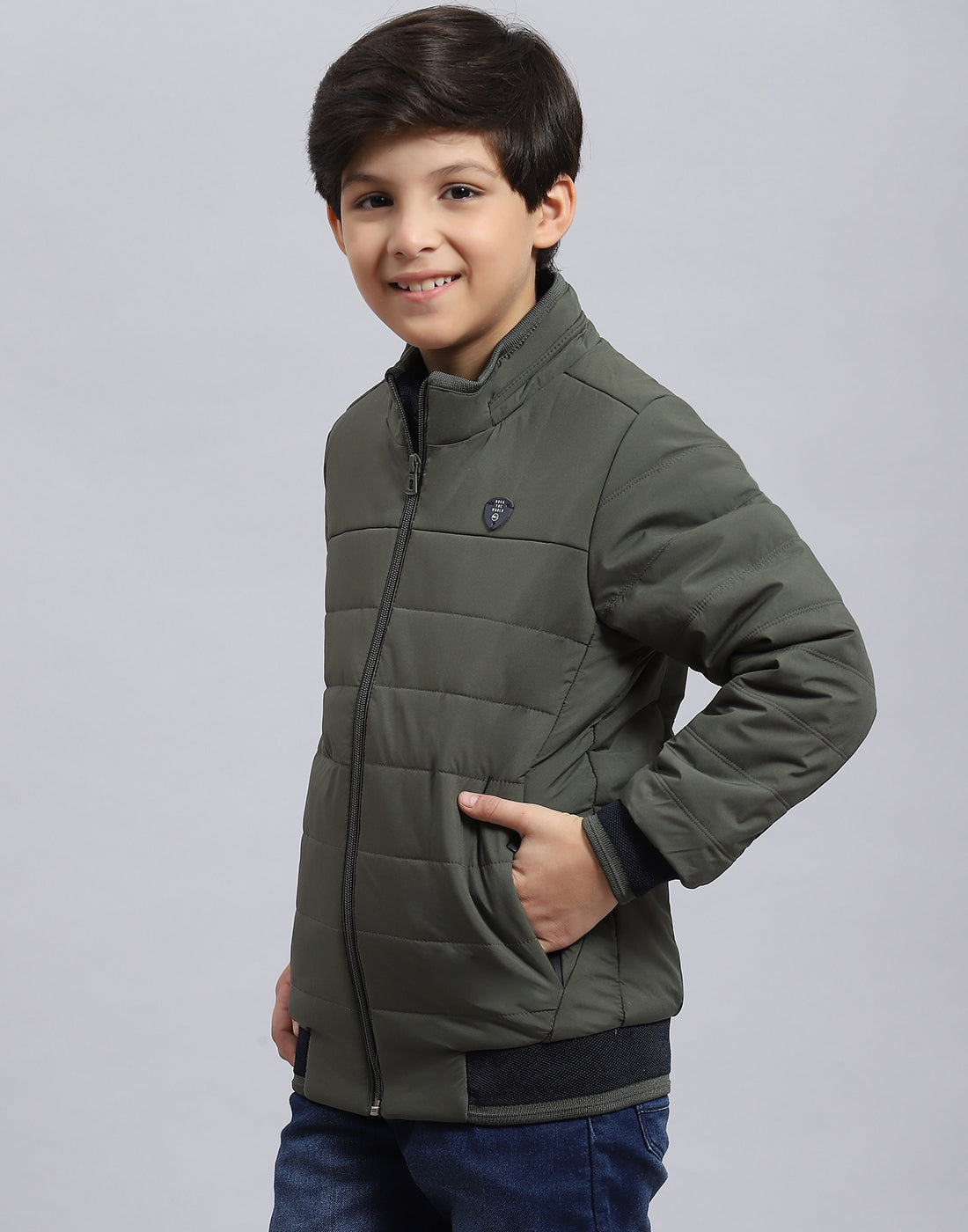 Boys Olive Solid Stand Collar Full Sleeve Boys Jacket