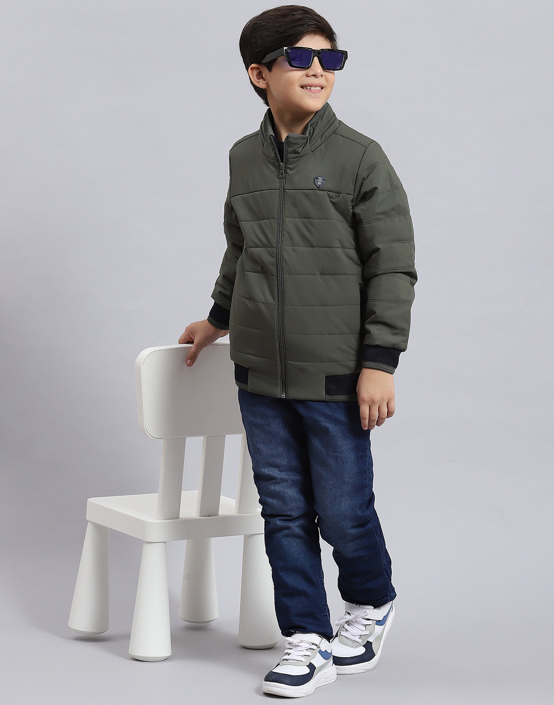 Boys Olive Solid Stand Collar Full Sleeve Boys Jacket