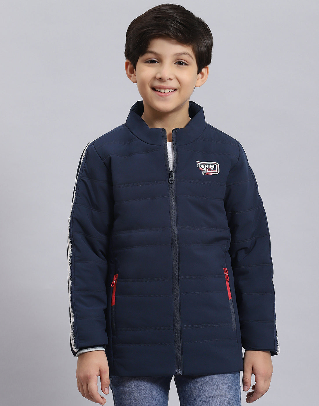 Boys Navy Blue Solid Stand Collar Full Sleeve Boys Jacket