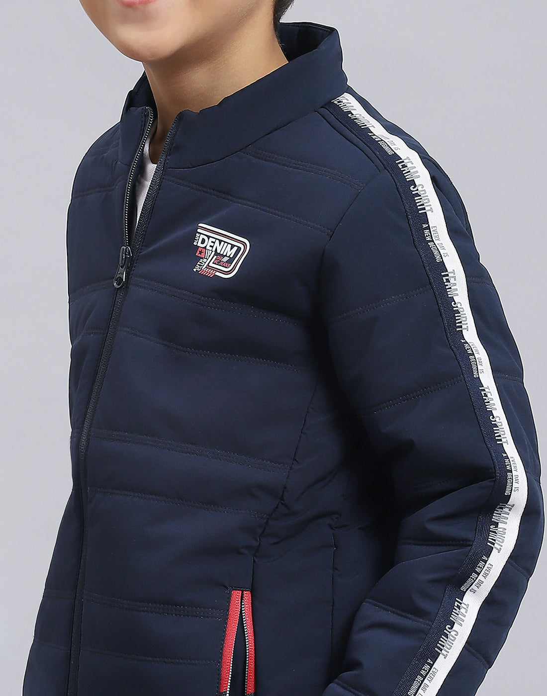 Boys Navy Blue Solid Stand Collar Full Sleeve Boys Jacket