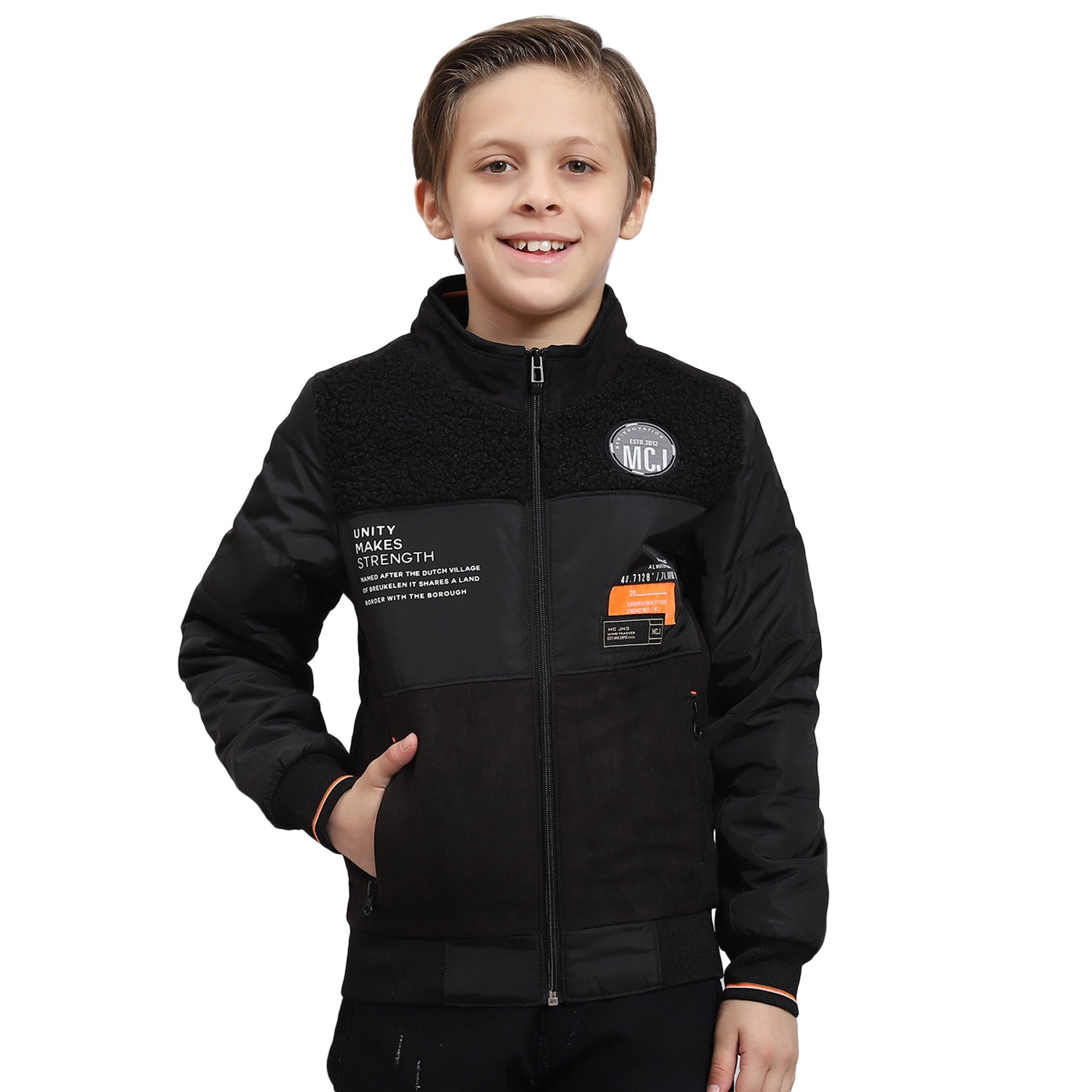 Boys Black Solid Stand Collar Full Sleeve Boys Jacket