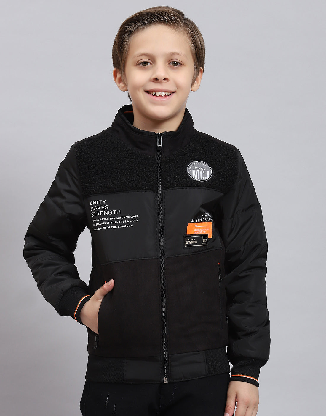 Boys Black Solid Stand Collar Full Sleeve Boys Jacket