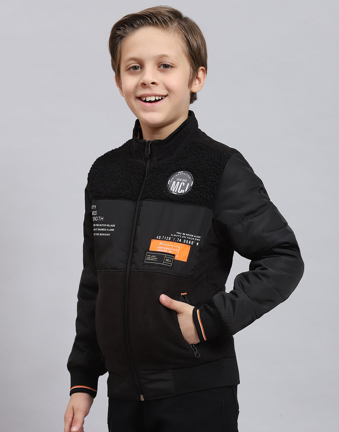 Boys Black Solid Stand Collar Full Sleeve Boys Jacket