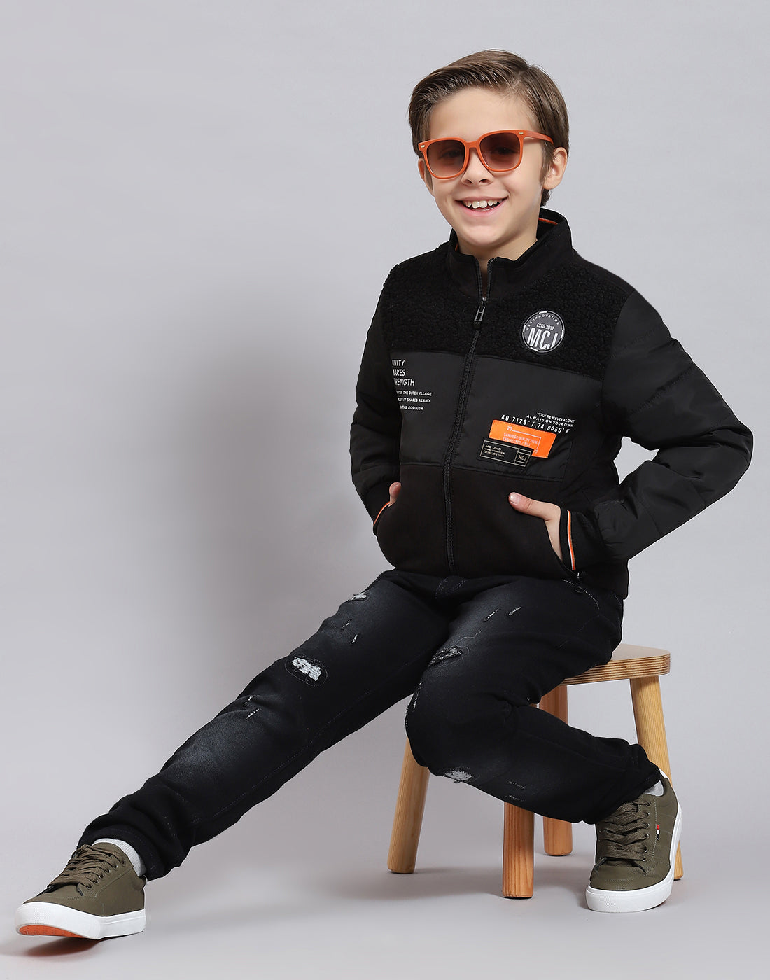 Boys Black Solid Stand Collar Full Sleeve Boys Jacket