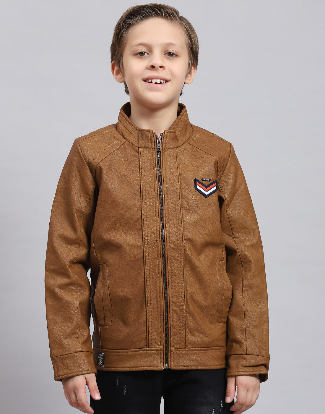 Boys Brown Solid Stand Collar Full Sleeve Boys Jacket