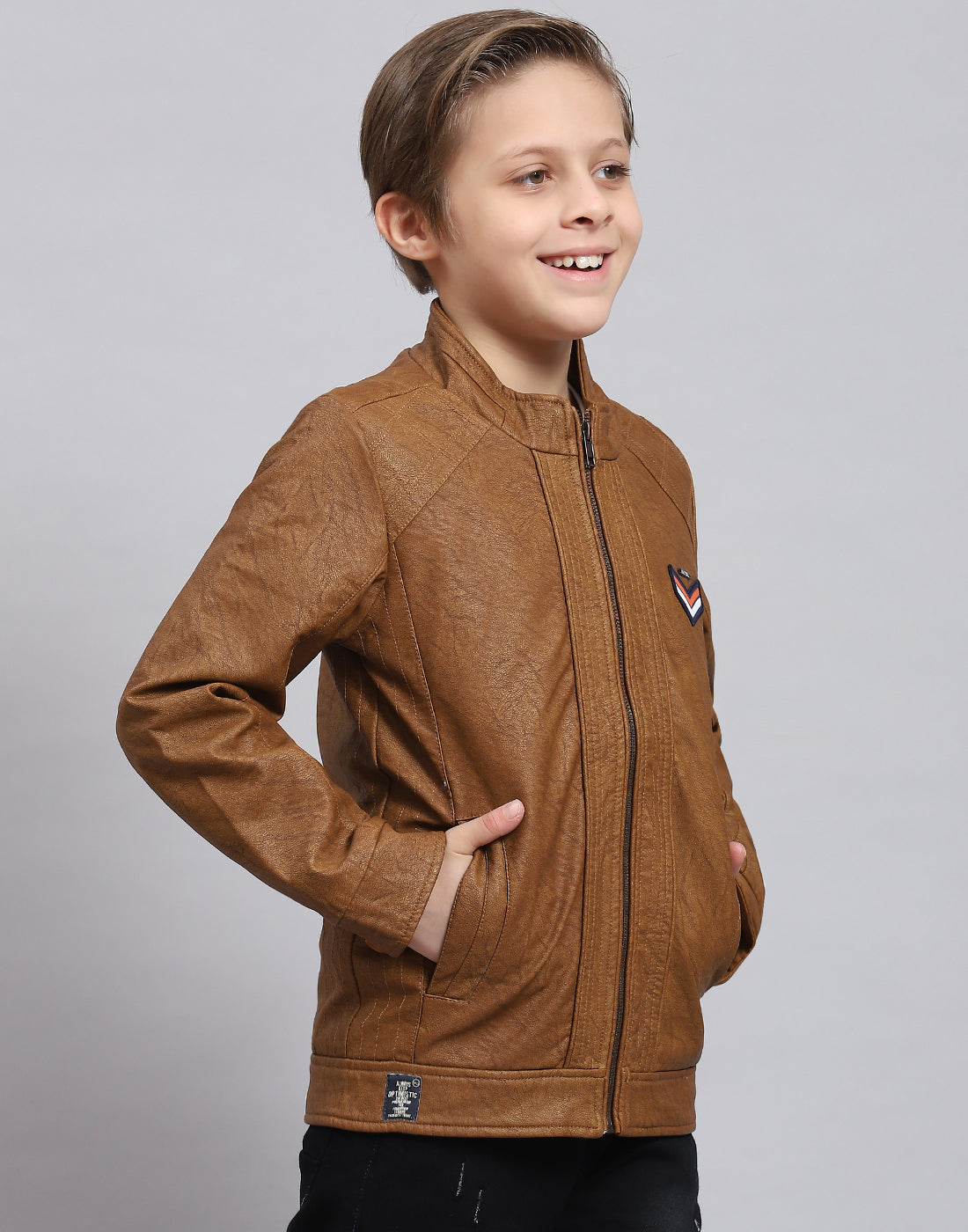 Boys Brown Solid Stand Collar Full Sleeve Boys Jacket