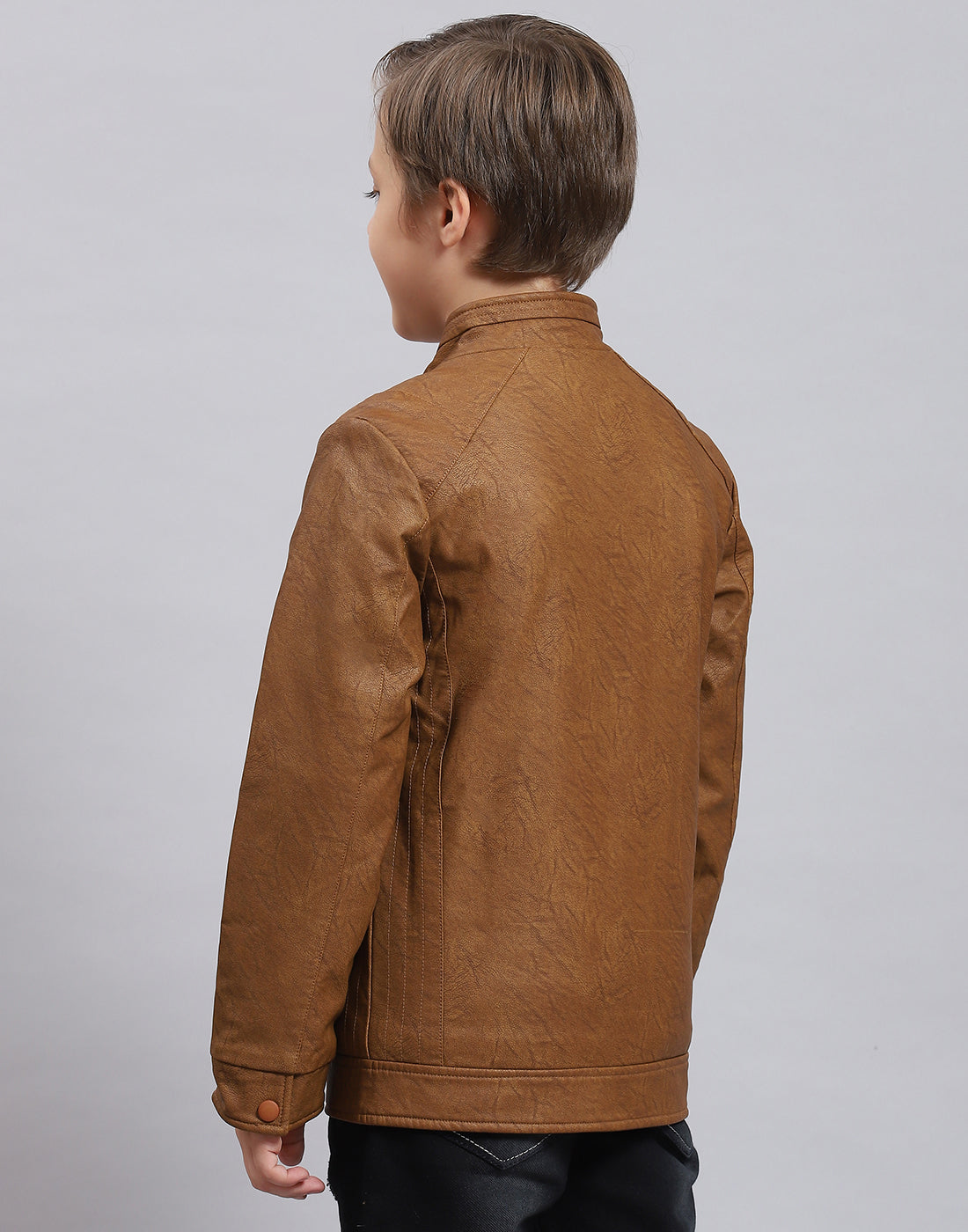 Boys Brown Solid Stand Collar Full Sleeve Boys Jacket