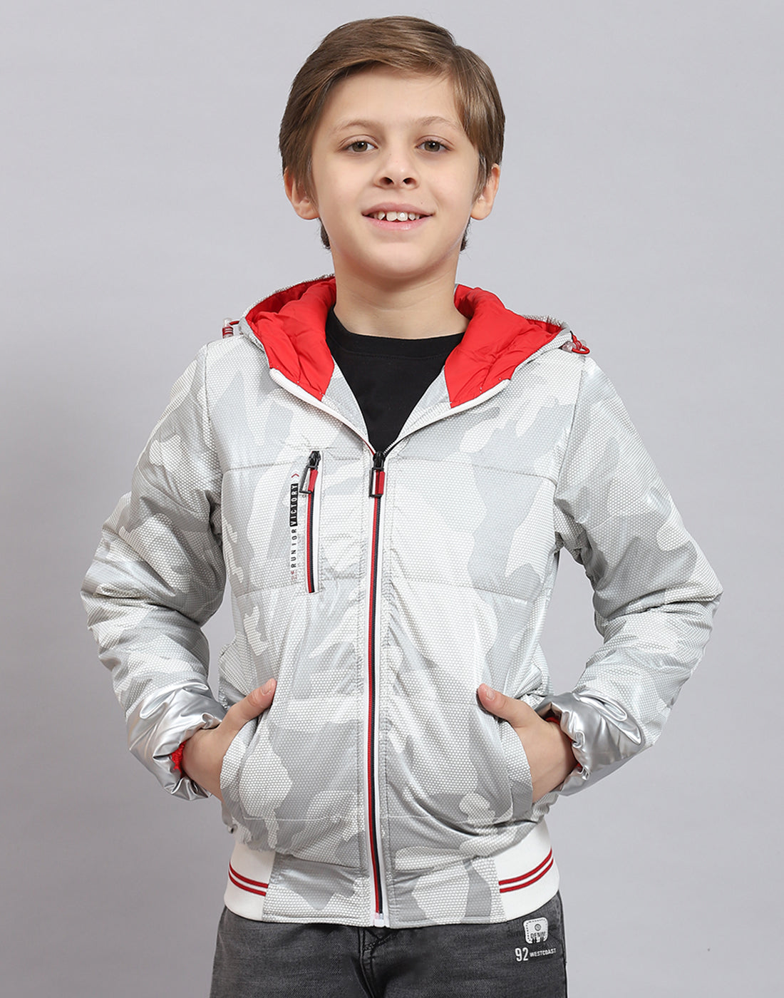 Boys Grey Printed Hooded Full Sleeve Boys Jacket