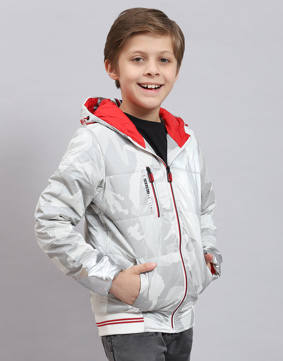 Boys Grey Printed Hooded Full Sleeve Boys Jacket