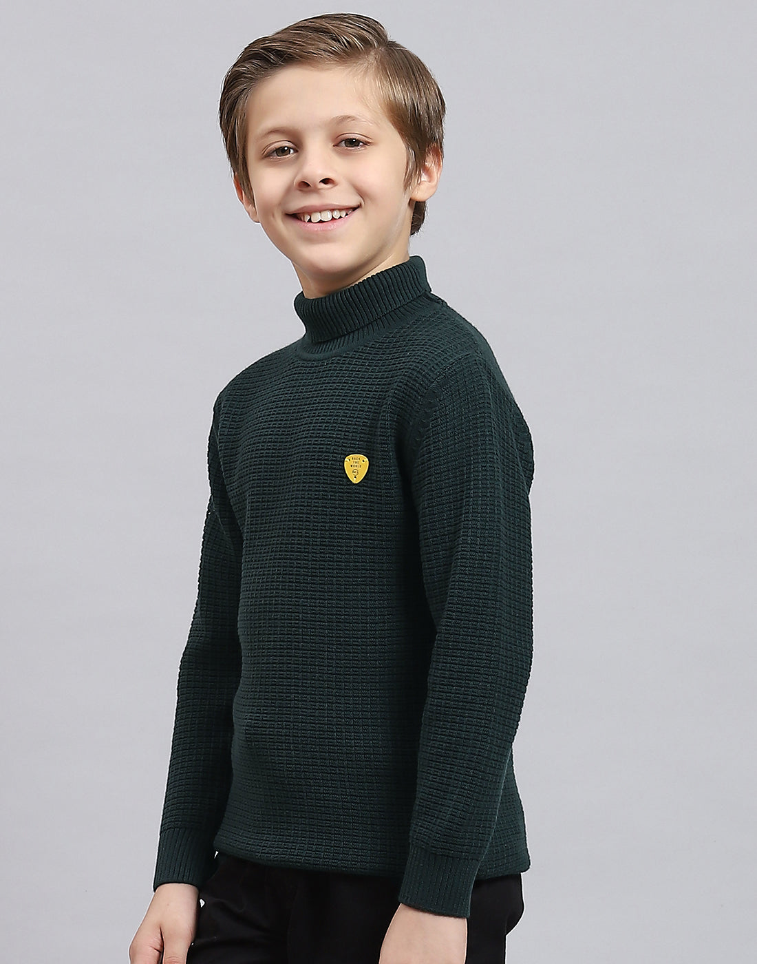 Boys Green Solid H Neck Full Sleeve Sweater
