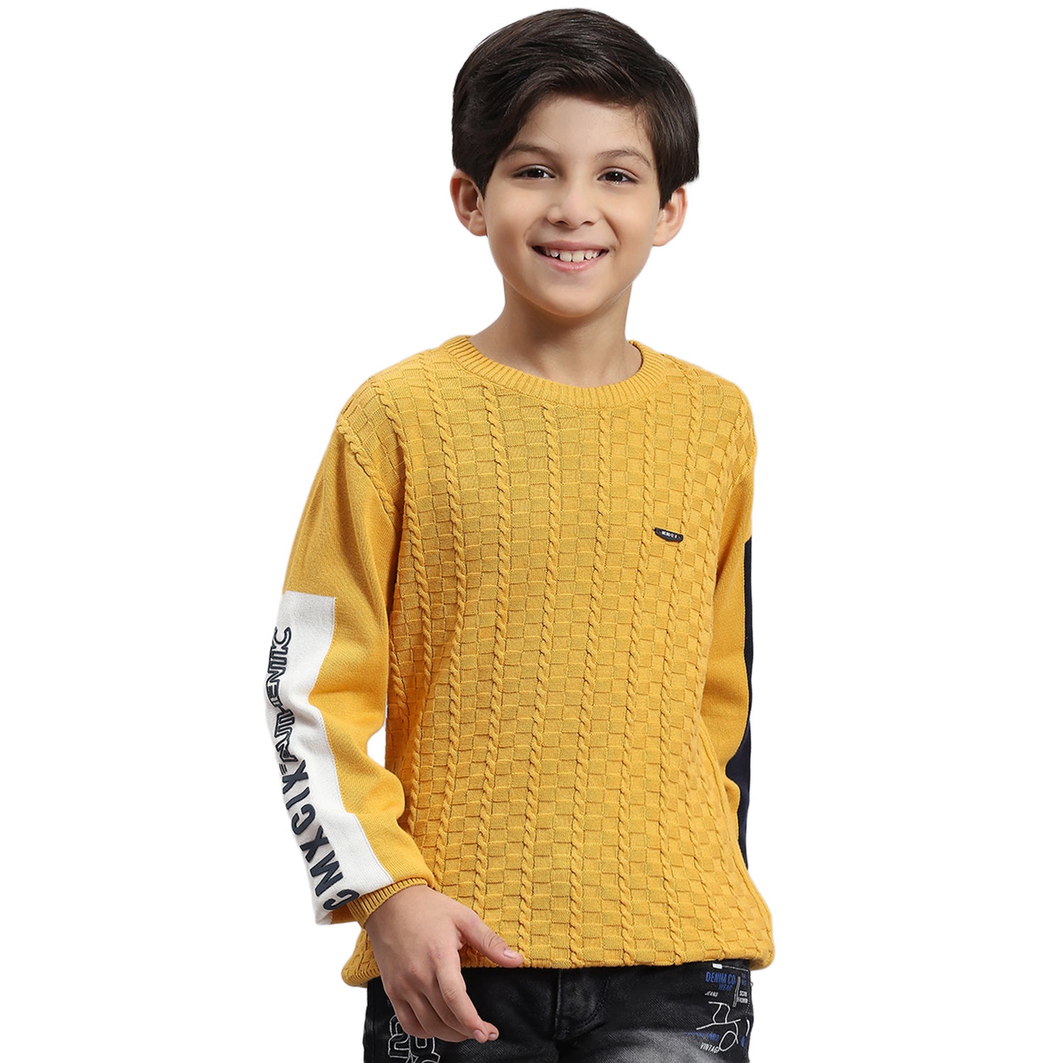 Boys Mustard Self Design Round Neck Full Sleeve Sweater