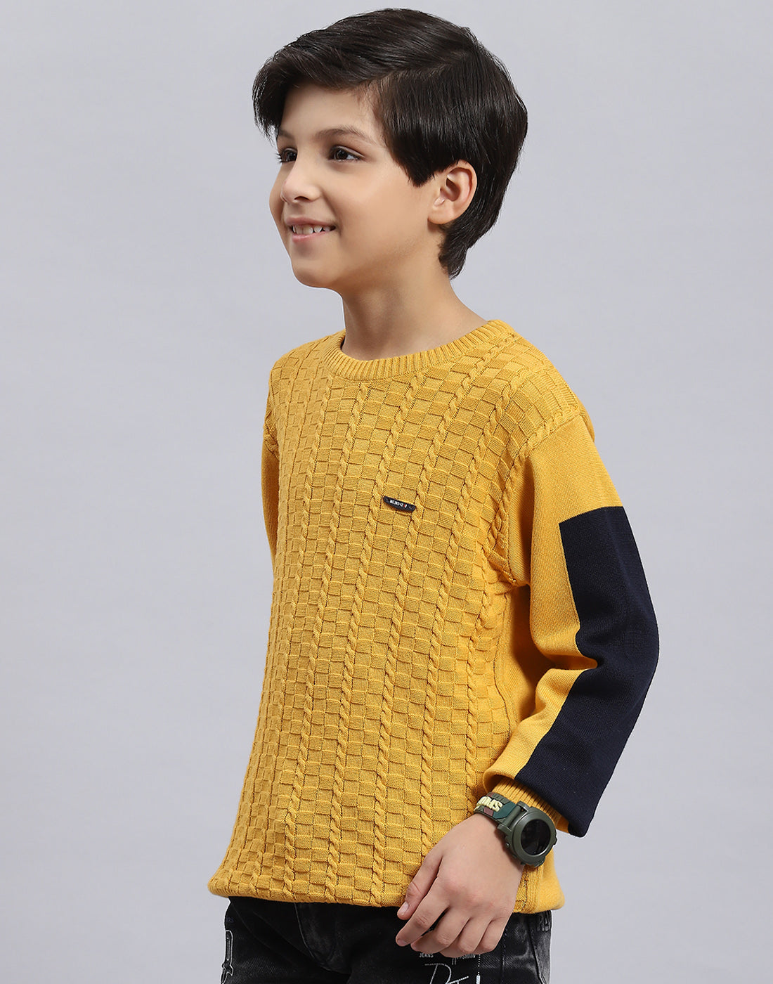 Boys Mustard Self Design Round Neck Full Sleeve Sweater