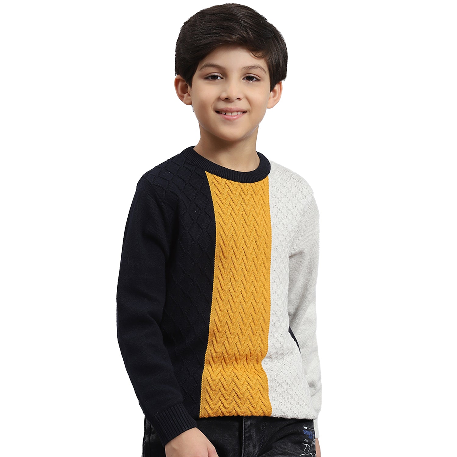 Boys Navy Blue Self Design Round Neck Full Sleeve Sweater
